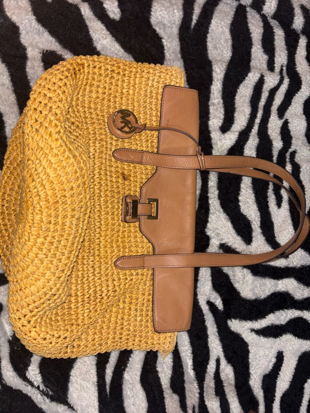 Woven  Micheal Kors Straw Tote with Tan Leather Trim